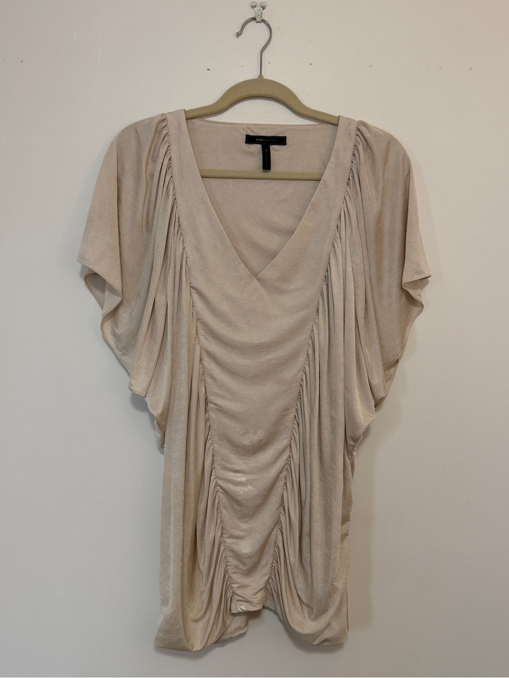 BCBGMAXAZRIA Champagne Draped Ruched Dolman Sleeve Deep V-Neck Jersey Tunic